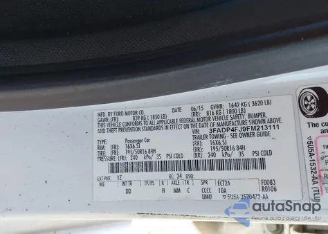 2015 Ford Fiesta Titanium z USA, uszkodzony, nr VIN 3FADP4FJ9FM213111